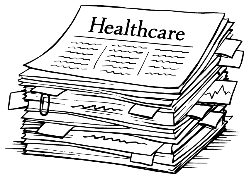 Healthcare, Briefly: a tabbed stack of healthcare newspapers and reports