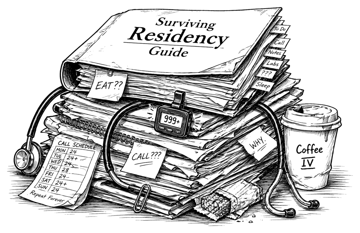 Surviving Residency Guide: an overstuffed binder with tabs for Call, Labs and Sleep, sticky notes reading EAT?? and WHY., a pager showing 999+, and a Coffee IV cup